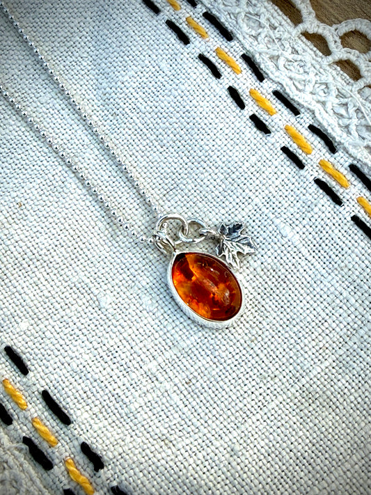 Baltic Amber and Maple Leaf Charm Necklace