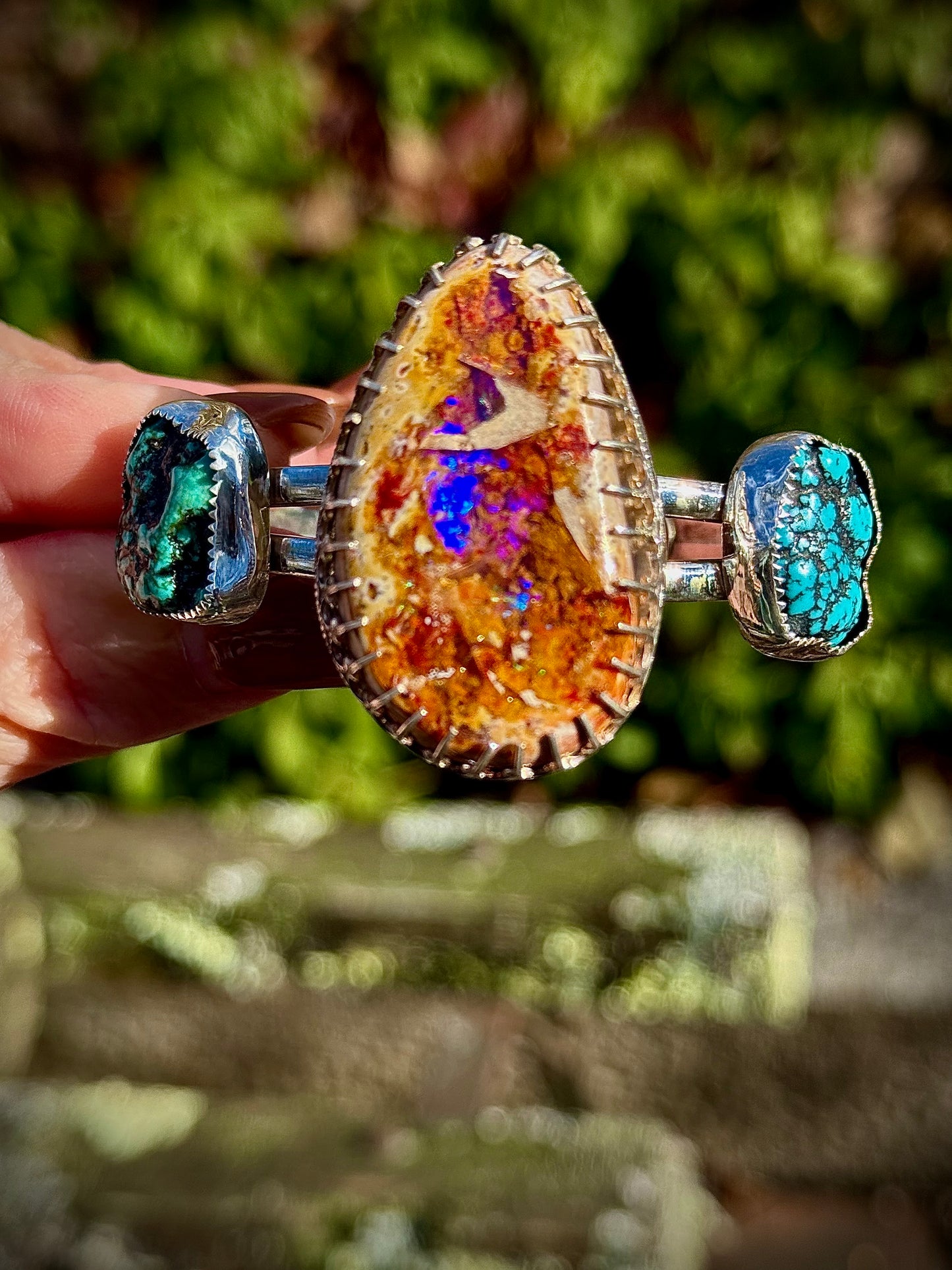 Large Mexican Fire Opal & Turquoise Nugget Cuff
