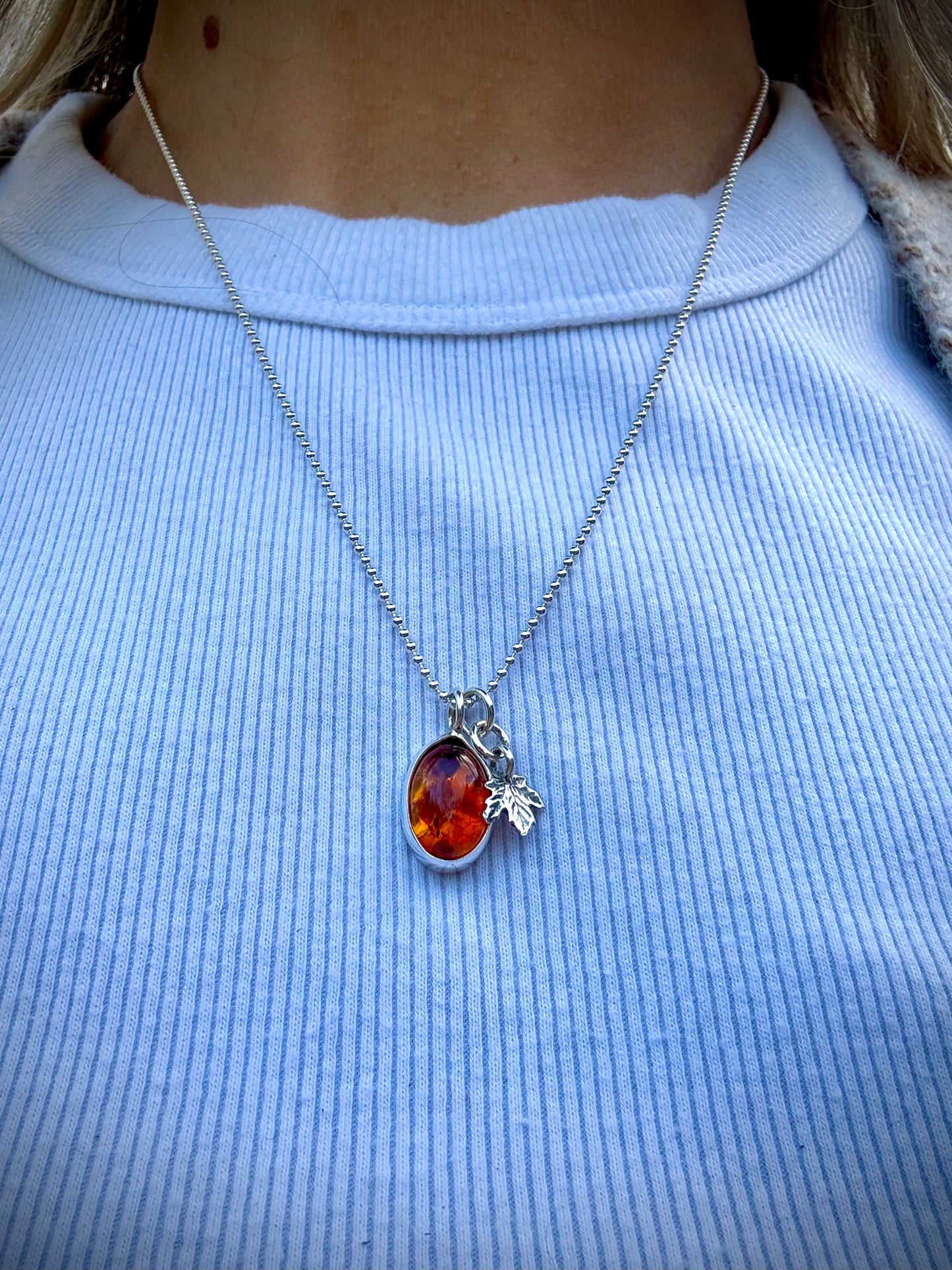 Baltic Amber and Maple Leaf Charm Necklace