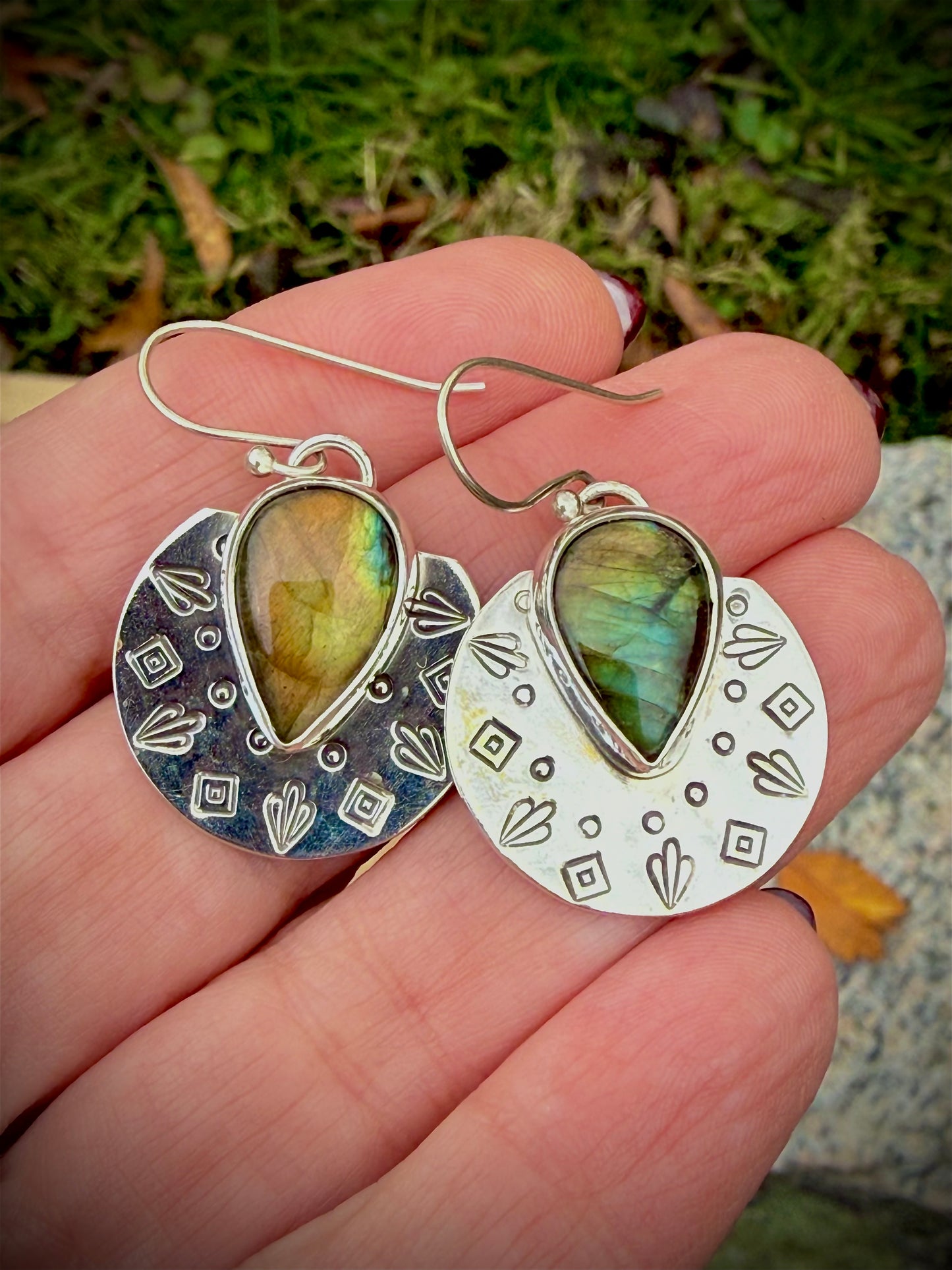 Flashy Labradorite Stamped Earrings