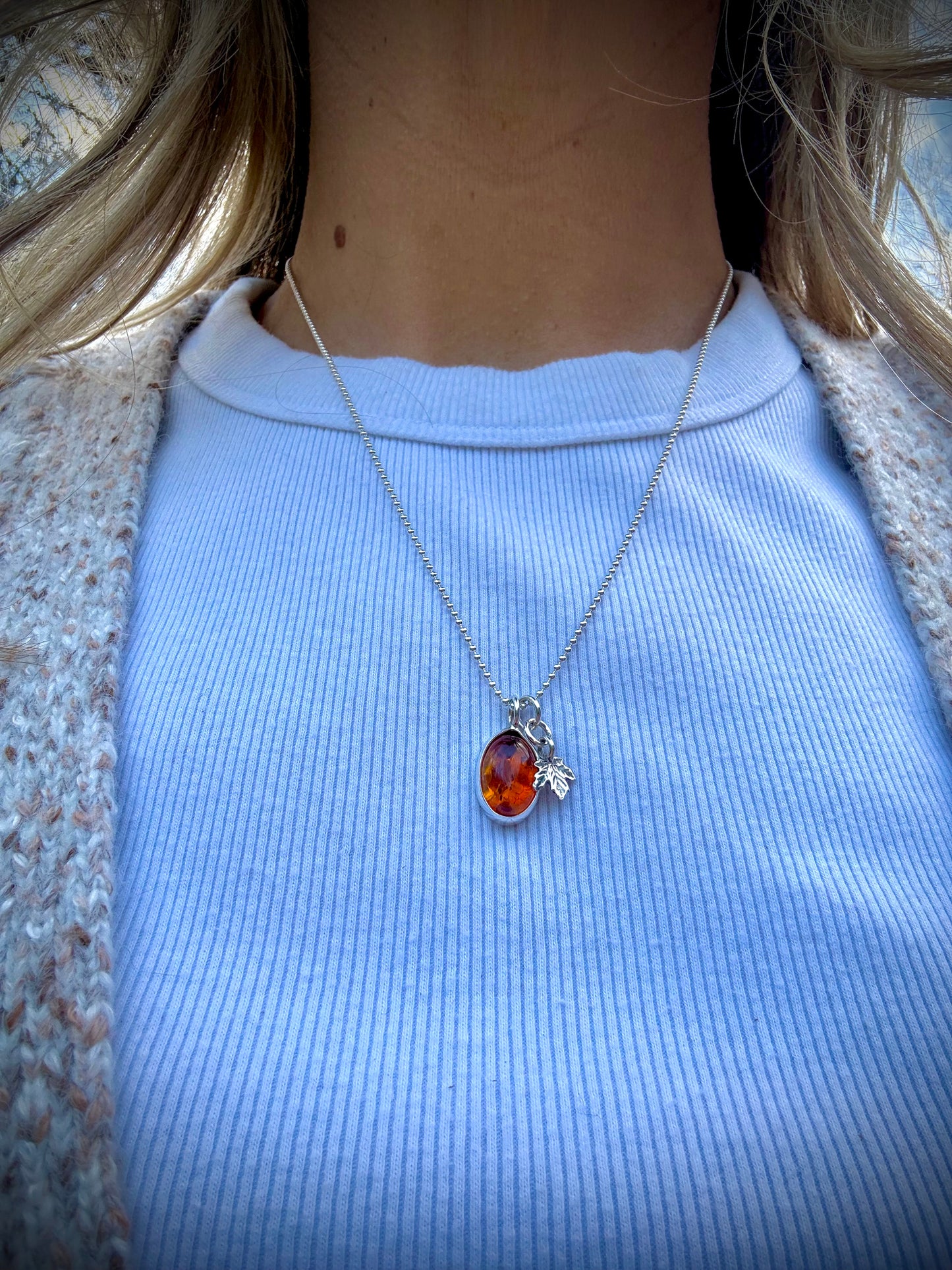 Baltic Amber and Maple Leaf Charm Necklace