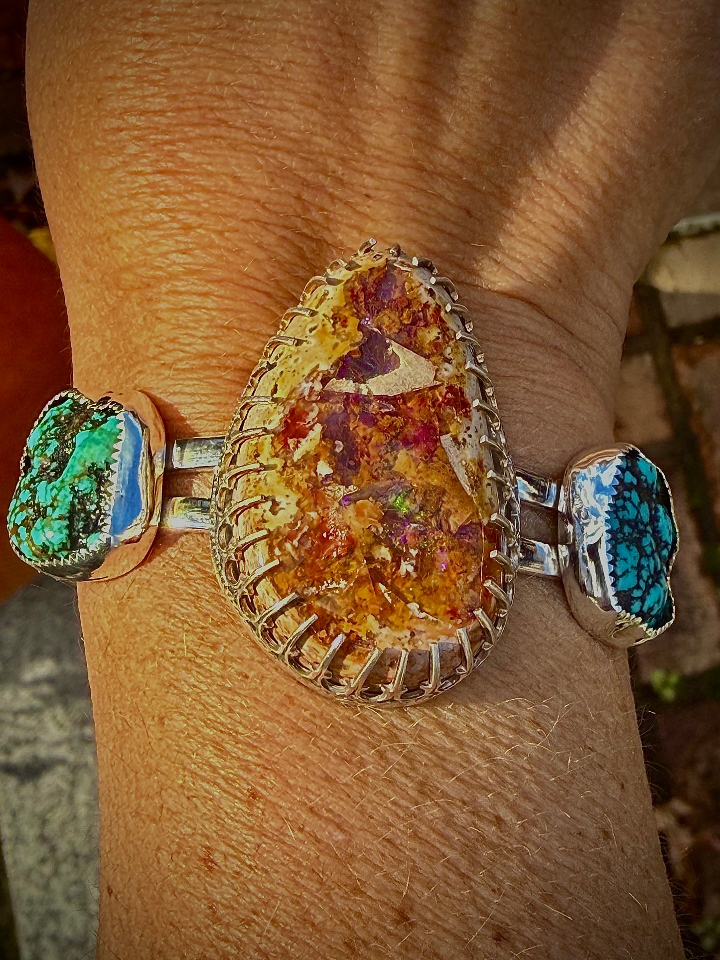 Large Mexican Fire Opal & Turquoise Nugget Cuff