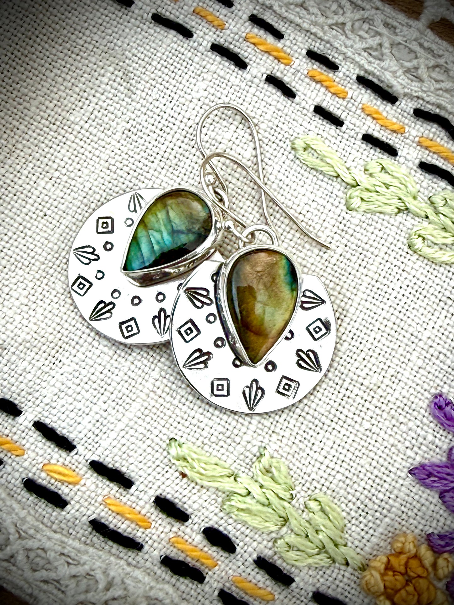 Flashy Labradorite Stamped Earrings