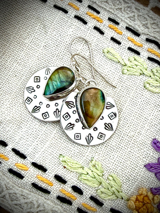 Flashy Labradorite Stamped Earrings