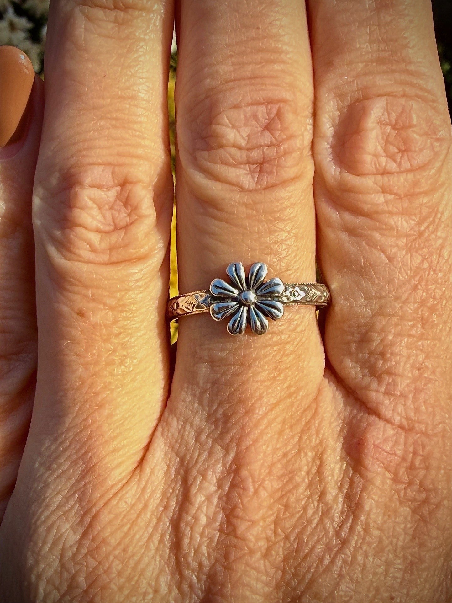 Simple Sterling Silver Flower Ring with Decorative Band (Size 8.25)