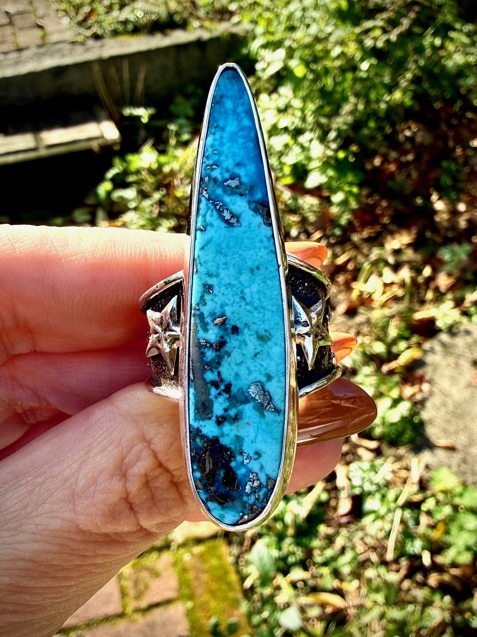 Morenci Turquoise Ring with Pyrite Inclusions on Double Star Wide Band (Size 10.5)