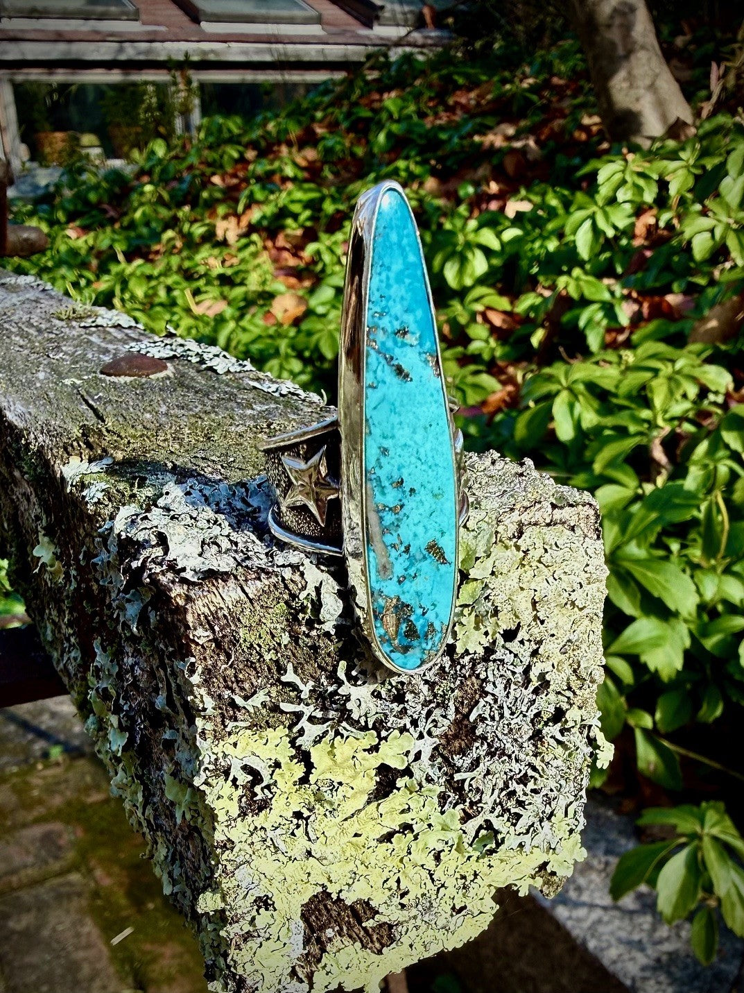 Morenci Turquoise Ring with Pyrite Inclusions on Double Star Wide Band (Size 10.5)