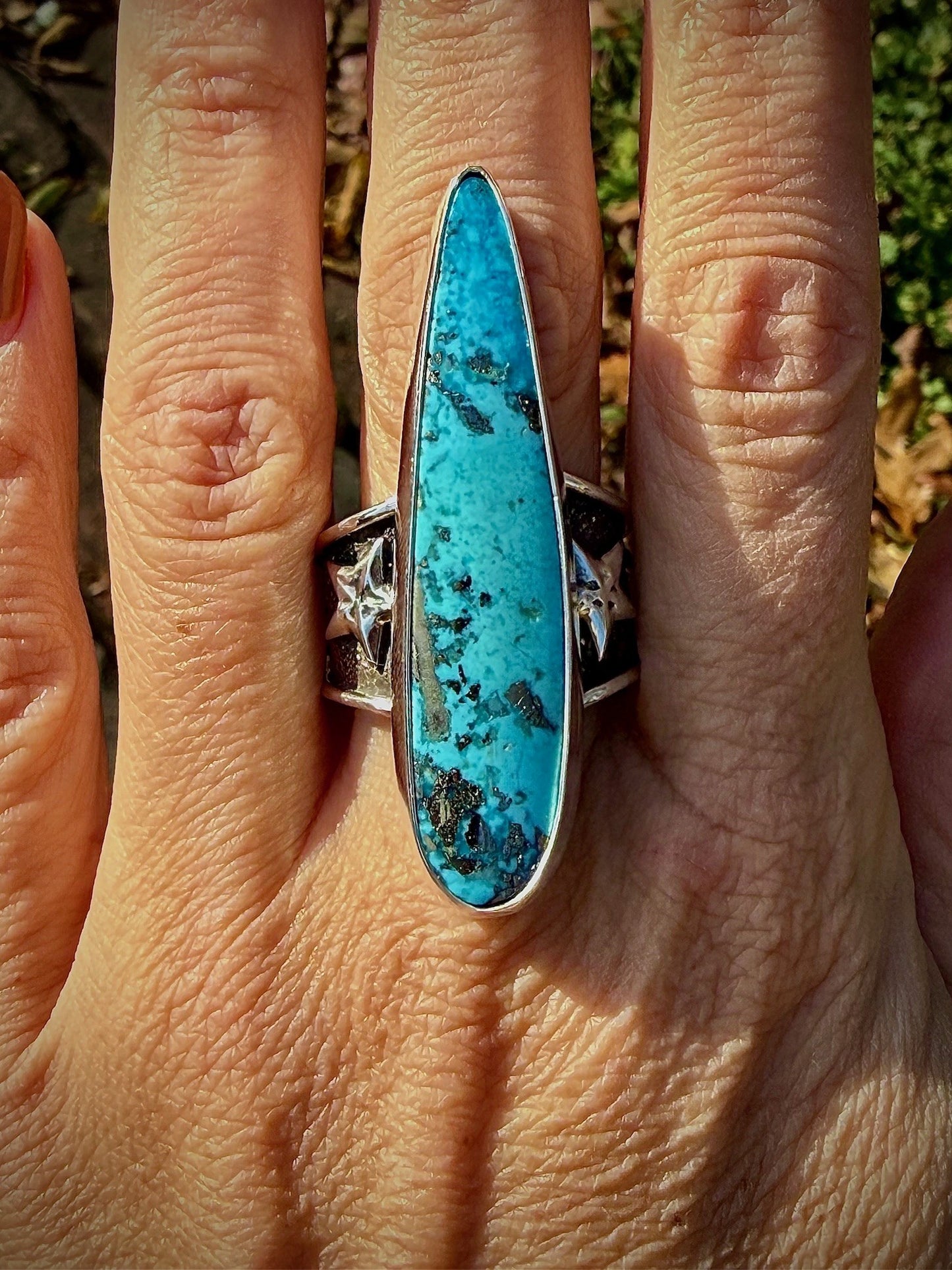 Morenci Turquoise Ring with Pyrite Inclusions on Double Star Wide Band (Size 10.5)