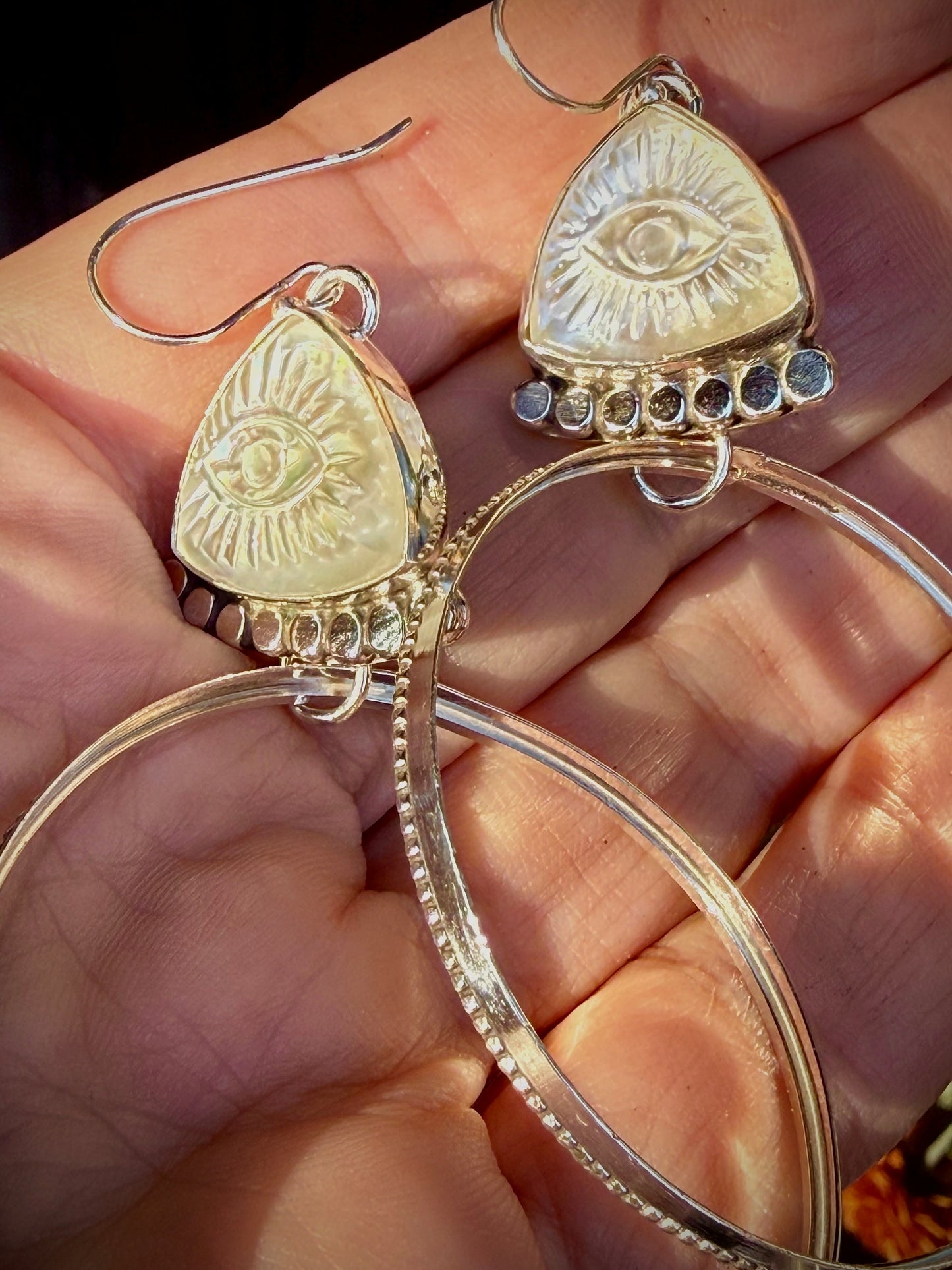 Hand-Carved Mother of Pearl Evil Eye Hoops