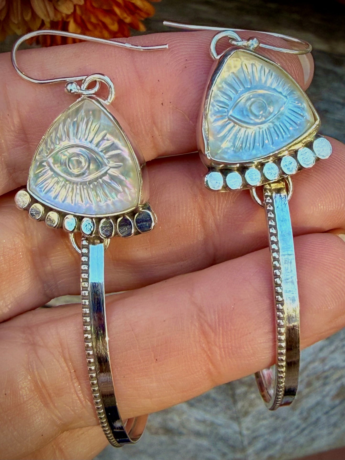 Hand-Carved Mother of Pearl Evil Eye Hoops
