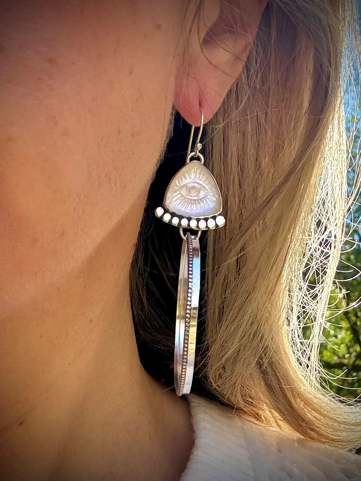 Hand-Carved Mother of Pearl Evil Eye Hoops