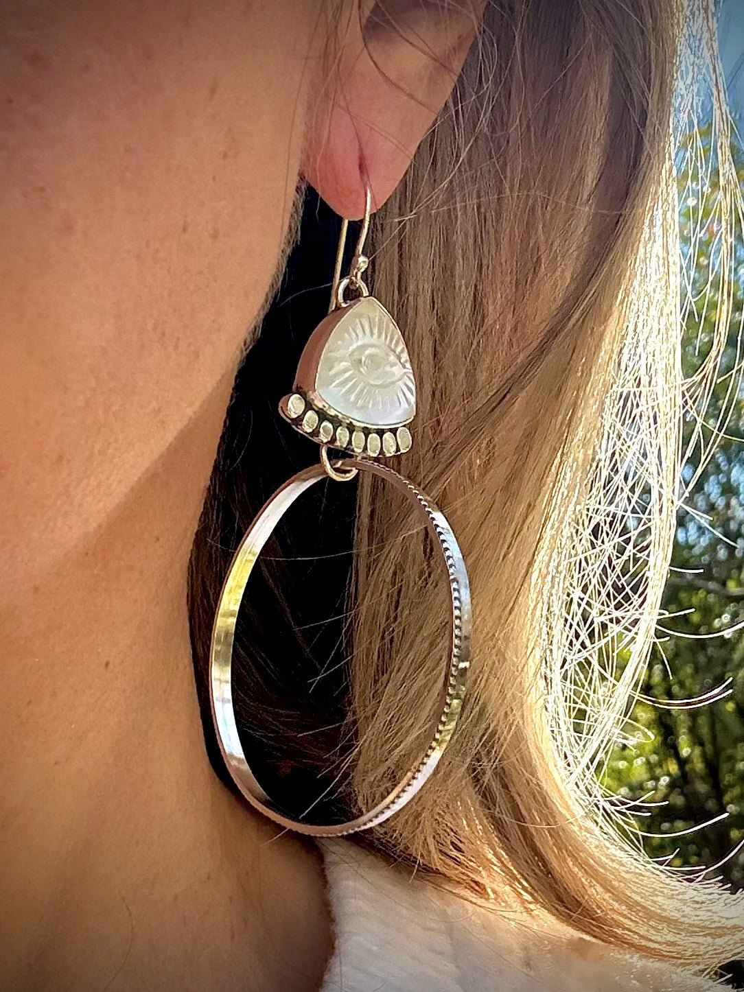 Hand-Carved Mother of Pearl Evil Eye Hoops