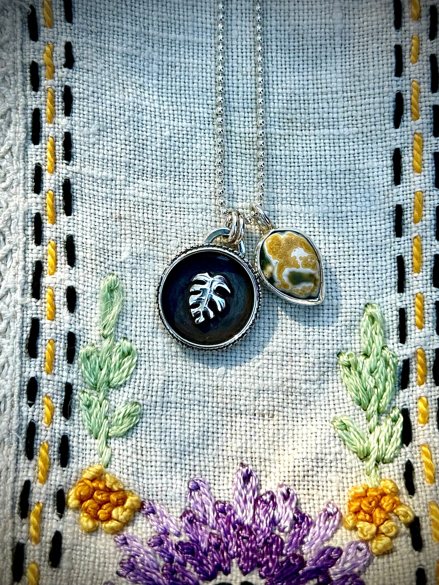 Monstera & Ocean Jasper Charm Necklace