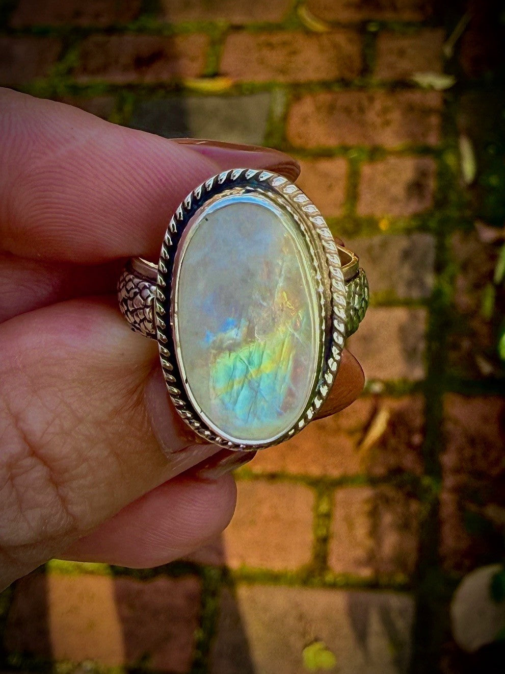 Rainbow Moonstone Ring with Snake Skin Band (Size 7.25)