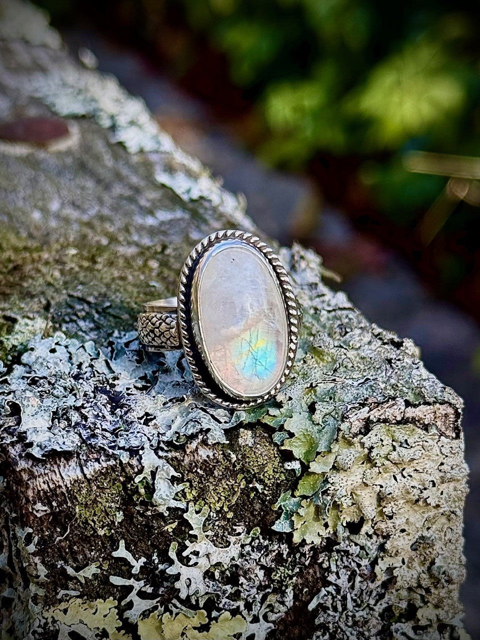 Rainbow Moonstone Ring with Snake Skin Band (Size 7.25)