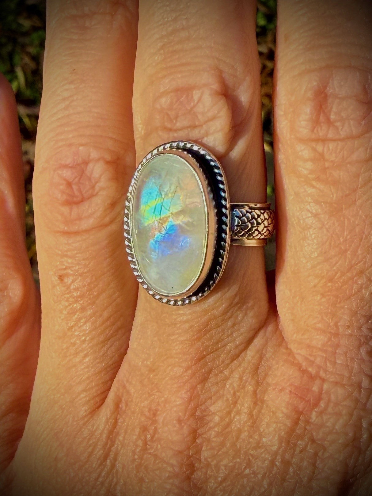 Rainbow Moonstone Ring with Snake Skin Band (Size 7.25)