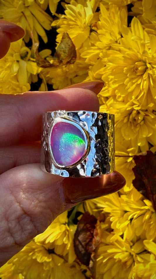 Opal/Quartz Doublet Wide Band Ring (Size 6.5)