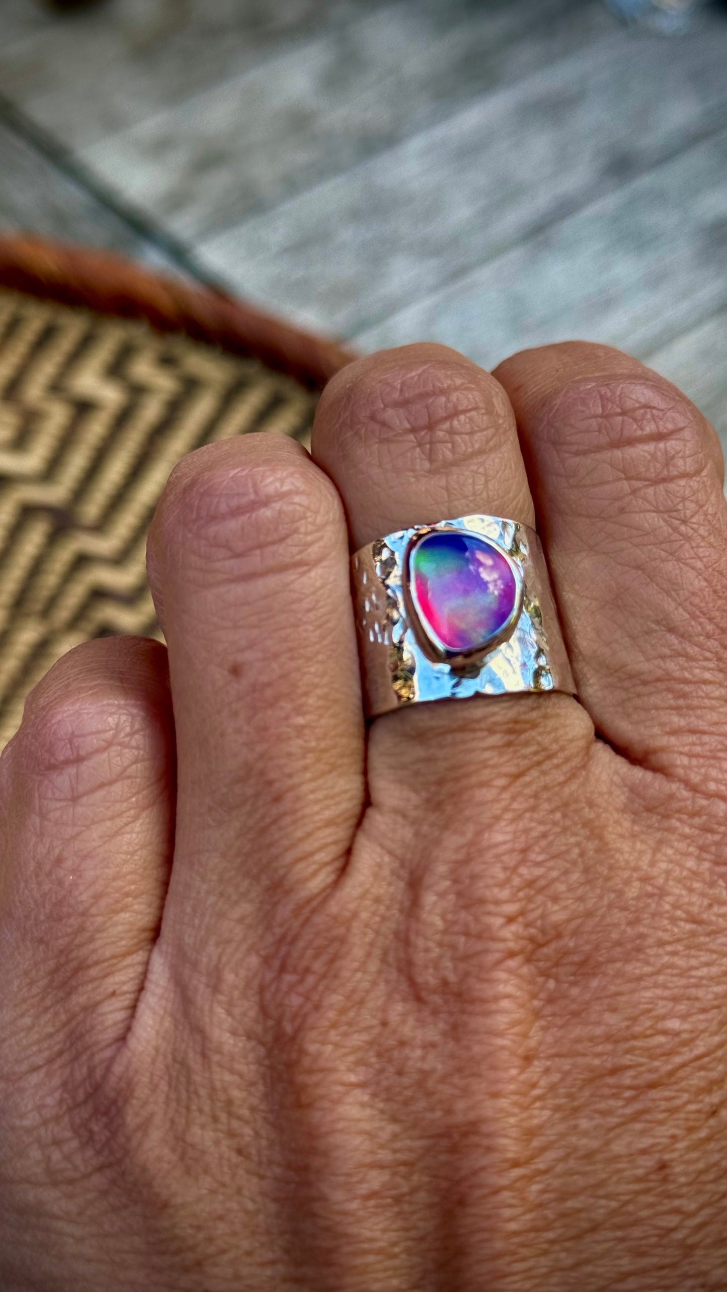 Opal/Quartz Doublet Wide Band Ring (Size 6.5)