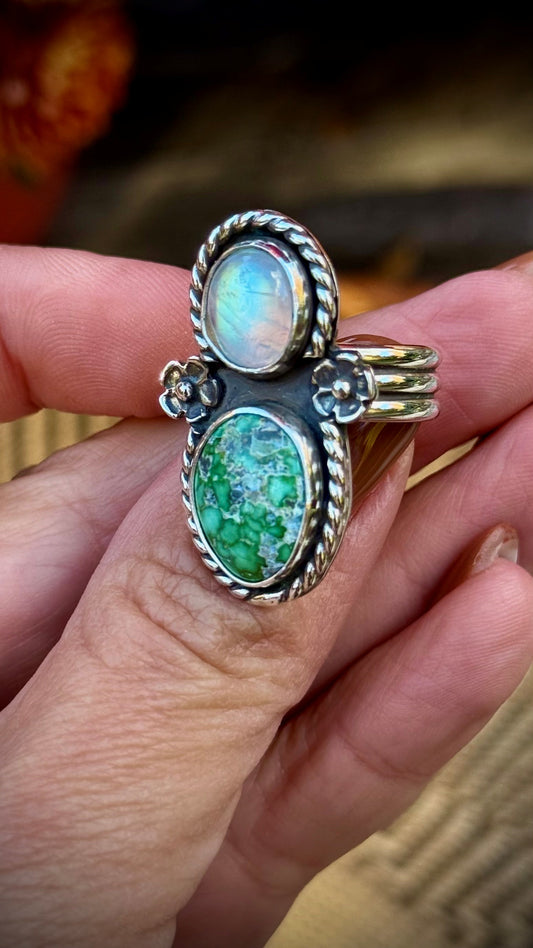Rainbow Moonstone & Sonoran Gold Turquoise Flower Ring (Size 7.5)