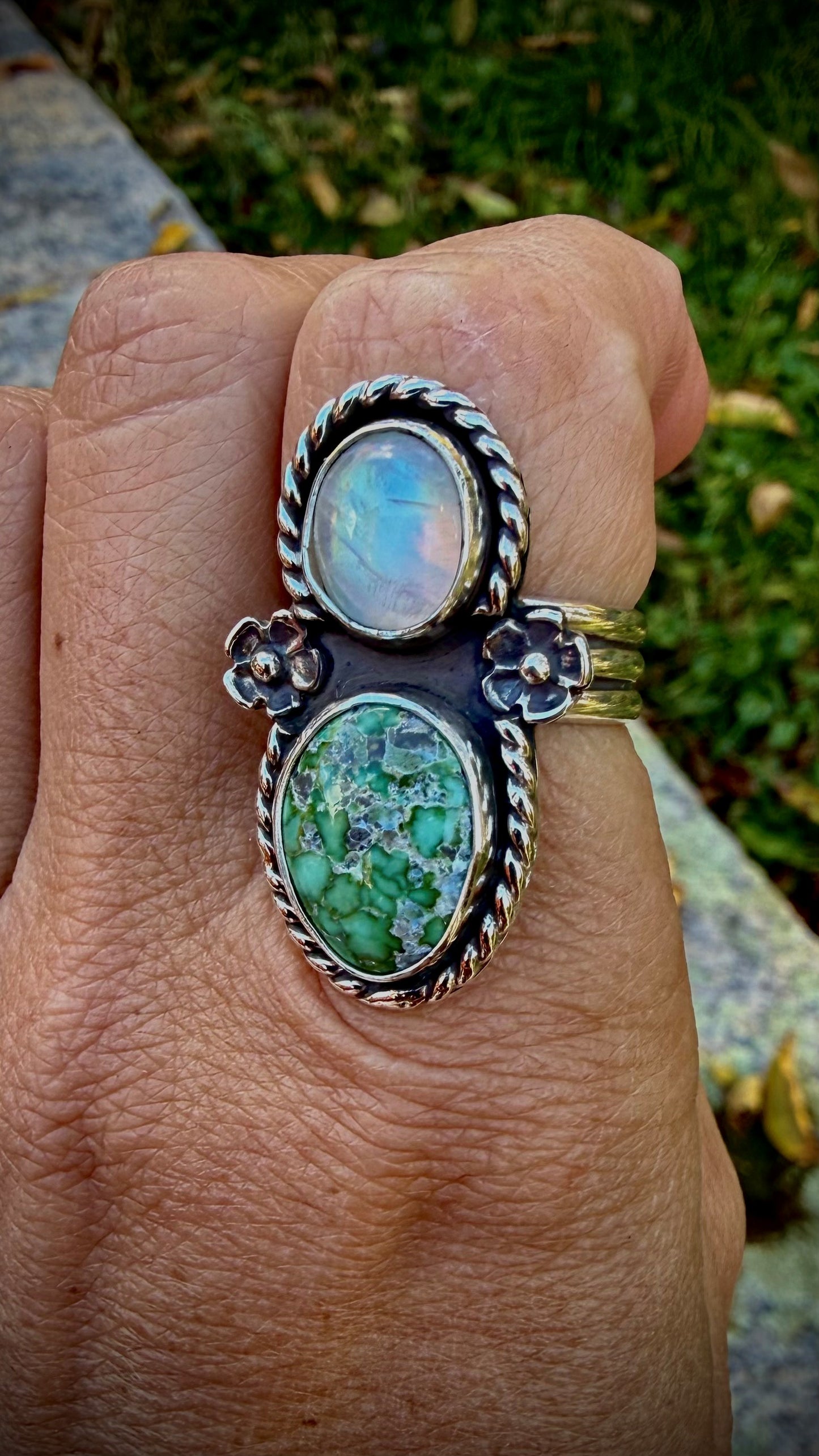 Rainbow Moonstone & Sonoran Gold Turquoise Flower Ring (Size 7.5)